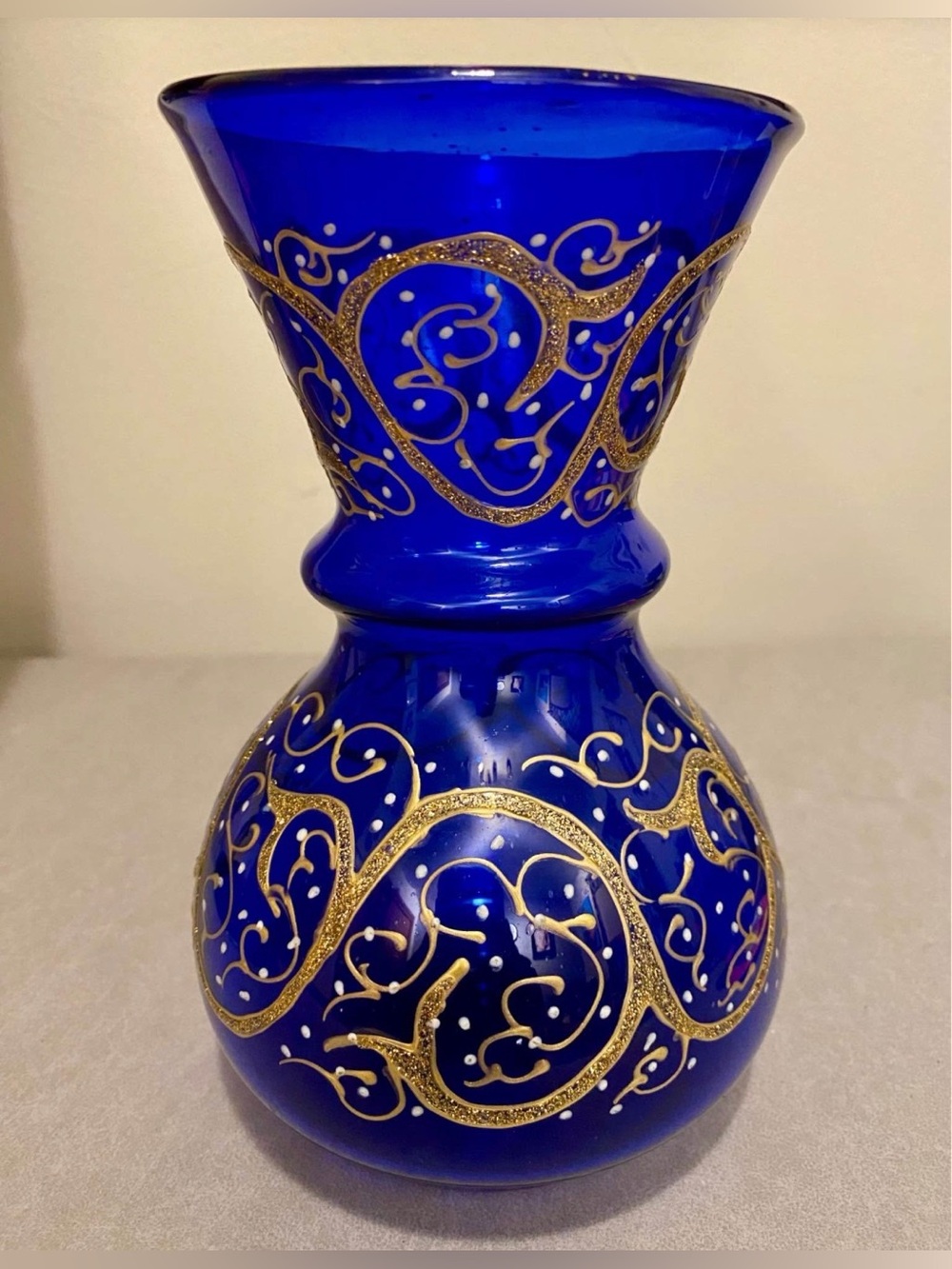 Vintage Hand Blown Bud Vase Sapphire Blue Gold & Silver Raised Encrusted Swirls